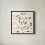 Boss Ladies VII Pink by Jenaya Jackson. Shown in a sleek black glass frame for a contemporary gallery look. Available as an archival giclee rolled canvas, fine art paper, or poster print. SKU 42762a.