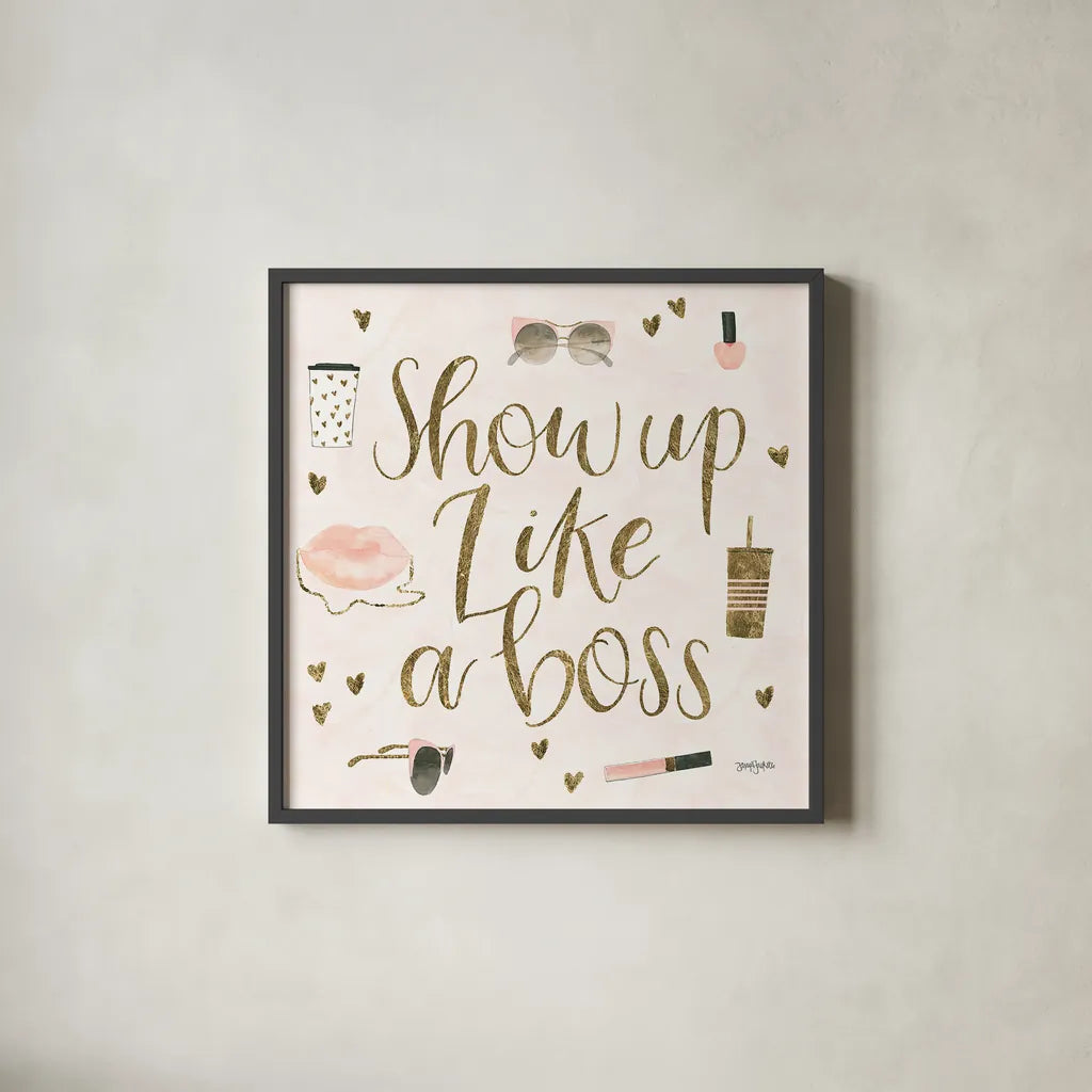 Boss Ladies VII Pink by Jenaya Jackson. Shown in a sleek black glass frame for a contemporary gallery look. Available as an archival giclee rolled canvas, fine art paper, or poster print. SKU 42762a.