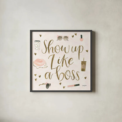 Boss Ladies VII Pink by Jenaya Jackson. Shown in a sleek black glass frame for a contemporary gallery look. Available as an archival giclee rolled canvas, fine art paper, or poster print. SKU 42762a.