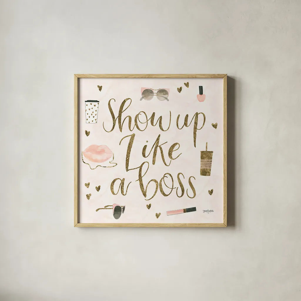 Boss Ladies VII Pink by Jenaya Jackson. Shown in a natural wood glass frame for a timeless modern aesthetic. Available as an archival giclee rolled canvas, fine art paper, or poster print. SKU 42762a.