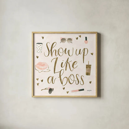 Boss Ladies VII Pink by Jenaya Jackson. Shown in a natural wood glass frame for a timeless modern aesthetic. Available as an archival giclee rolled canvas, fine art paper, or poster print. SKU 42762a.