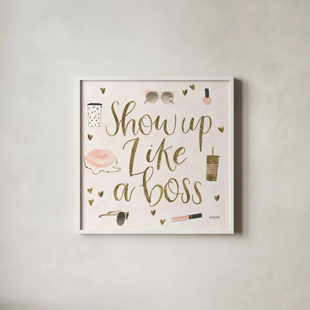 Boss Ladies VII Pink by Jenaya Jackson. Shown in a crisp white glass frame for a clean and minimalist style. Available as an archival giclee rolled canvas, fine art paper, or poster print. SKU 42762a.