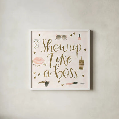 Boss Ladies VII Pink by Jenaya Jackson. Shown in a crisp white glass frame for a clean and minimalist style. Available as an archival giclee rolled canvas, fine art paper, or poster print. SKU 42762a.