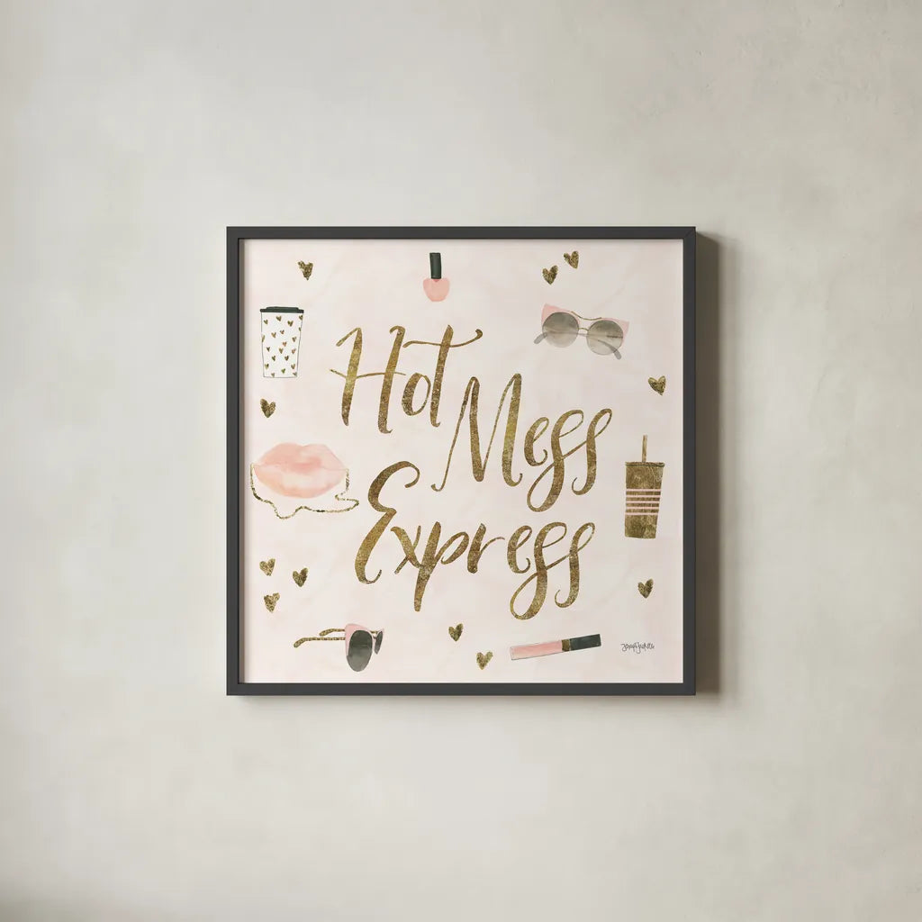 Boss Ladies VII Pink Hot Mess by Jenaya Jackson. Shown in a sleek black glass frame for a contemporary gallery look. Available as an archival giclee rolled canvas, fine art paper, or poster print. SKU 61254a.