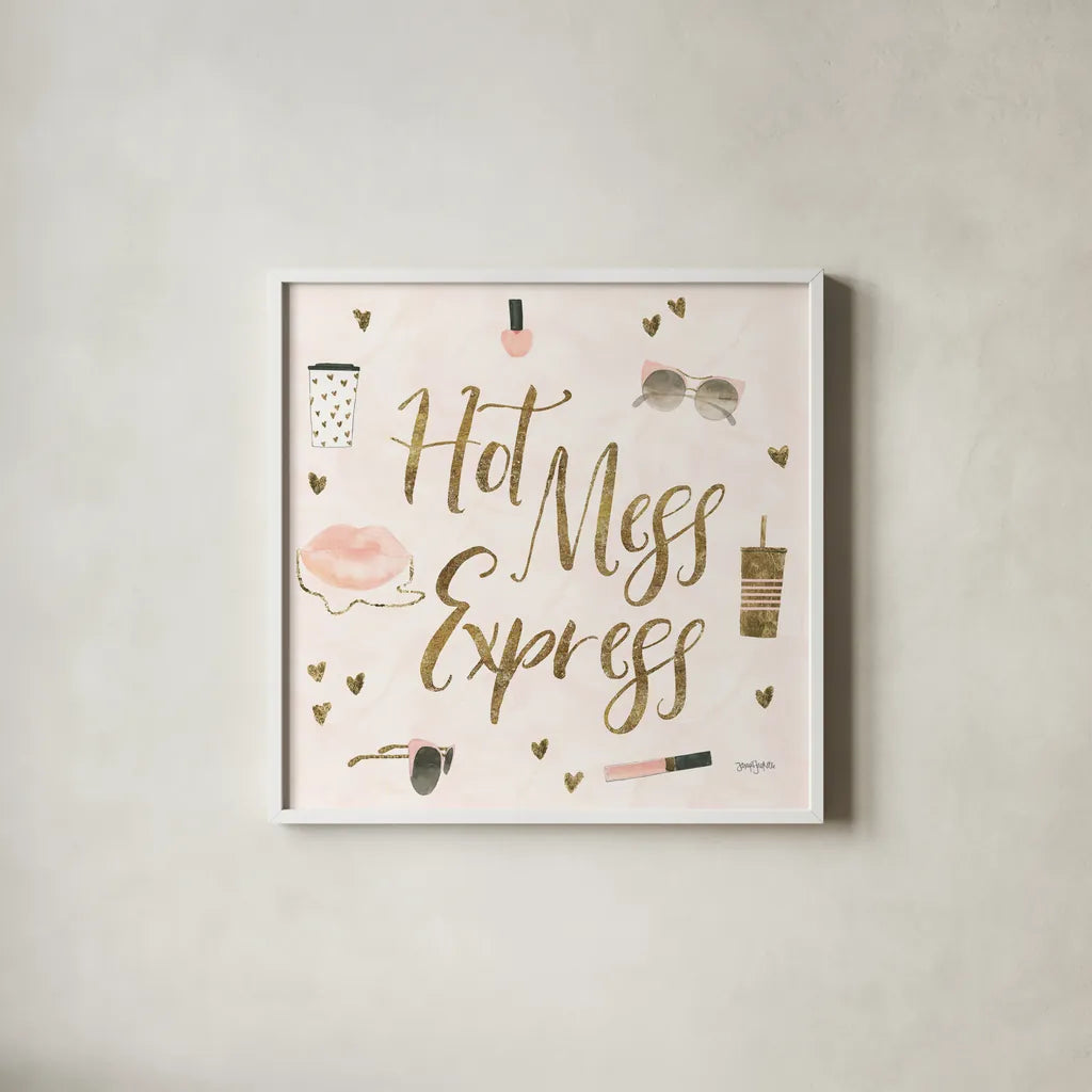 Boss Ladies VII Pink Hot Mess by Jenaya Jackson. Shown in a crisp white glass frame for a clean and minimalist style. Available as an archival giclee rolled canvas, fine art paper, or poster print. SKU 61254a.