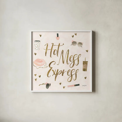 Boss Ladies VII Pink Hot Mess by Jenaya Jackson. Shown in a crisp white glass frame for a clean and minimalist style. Available as an archival giclee rolled canvas, fine art paper, or poster print. SKU 61254a.