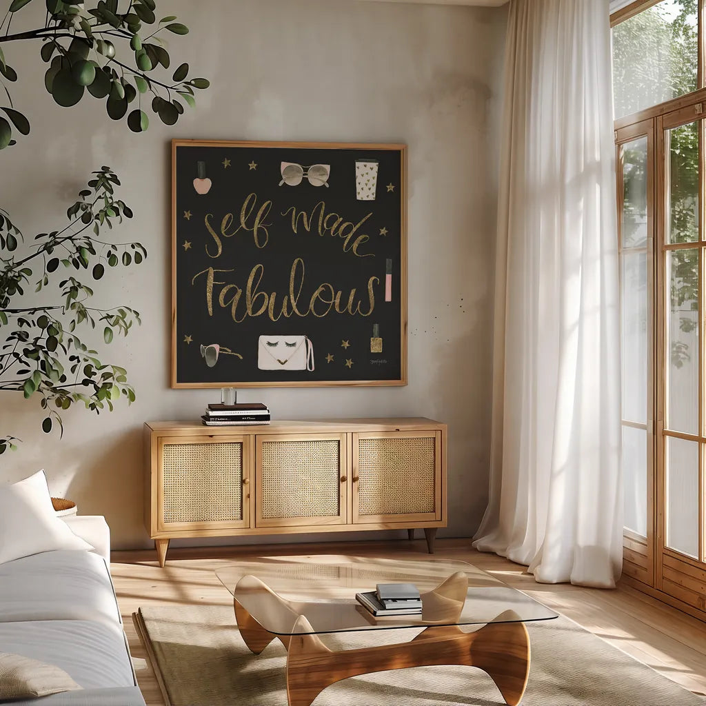 Boss Ladies VIII Black by Jenaya Jackson. Shown in a natural wood frame in a cozy modern living room. Available as an archival giclee rolled canvas, fine art paper, or poster print. SKU 42769a.