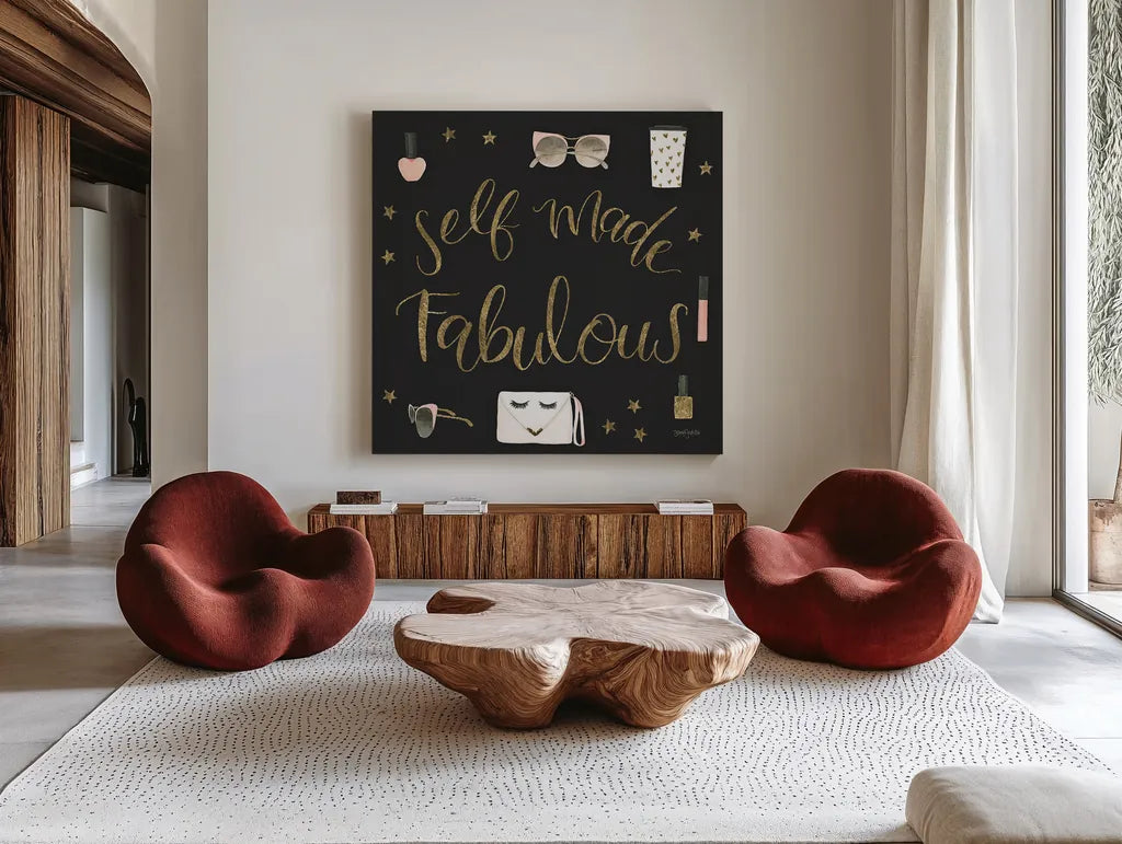 Boss Ladies VIII Black by Jenaya Jackson. Shown as extra-large giant wall art in a modern living room. Available as an archival giclee rolled canvas, fine art paper, or poster print. SKU 42769a.