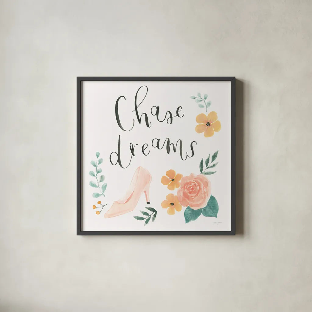 Chase Dreams I by Jenaya Jackson. Shown in a sleek black glass frame for a contemporary gallery look. Available as an archival giclee rolled canvas, fine art paper, or poster print. SKU 56186a.