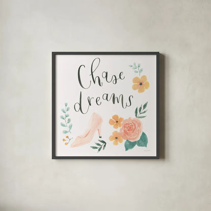 Chase Dreams I by Jenaya Jackson. Shown in a sleek black glass frame for a contemporary gallery look. Available as an archival giclee rolled canvas, fine art paper, or poster print. SKU 56186a.