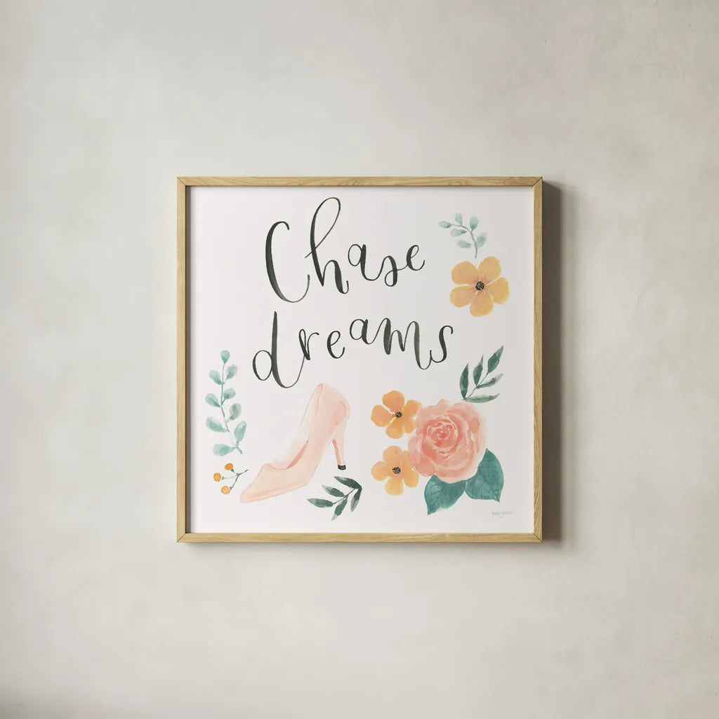 Chase Dreams I by Jenaya Jackson. Shown in a natural wood glass frame for a timeless modern aesthetic. Available as an archival giclee rolled canvas, fine art paper, or poster print. SKU 56186a.