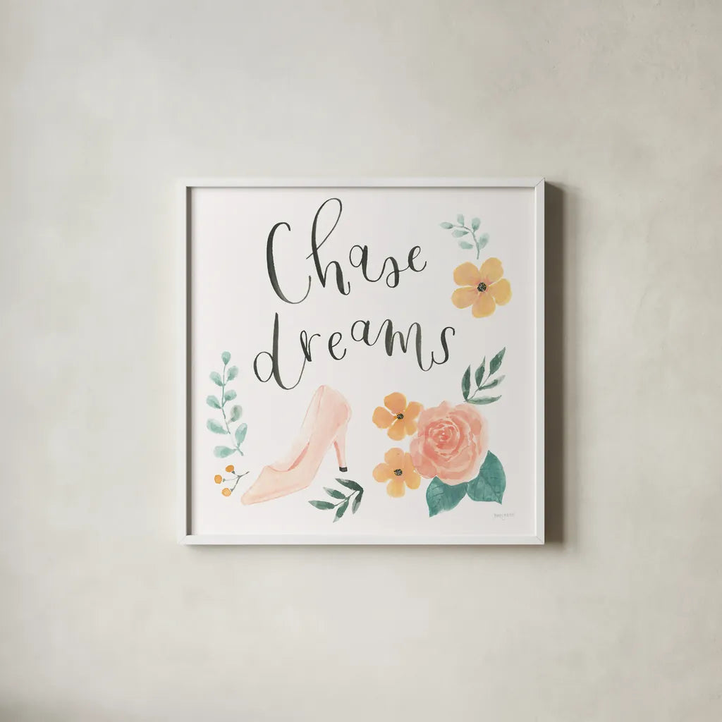 Chase Dreams I by Jenaya Jackson. Shown in a crisp white glass frame for a clean and minimalist style. Available as an archival giclee rolled canvas, fine art paper, or poster print. SKU 56186a.