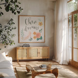 Chase Dreams I by Jenaya Jackson. Shown in a natural wood frame in a cozy modern living room. Available as an archival giclee rolled canvas, fine art paper, or poster print. SKU 56186a.