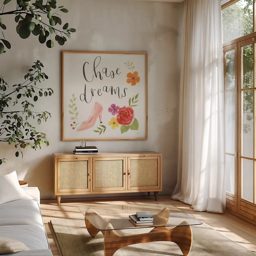 Chase Dreams I Autumn by Jenaya Jackson. Shown in a natural wood frame in a cozy modern living room. Available as an archival giclee rolled canvas, fine art paper, or poster print. SKU 59333a.