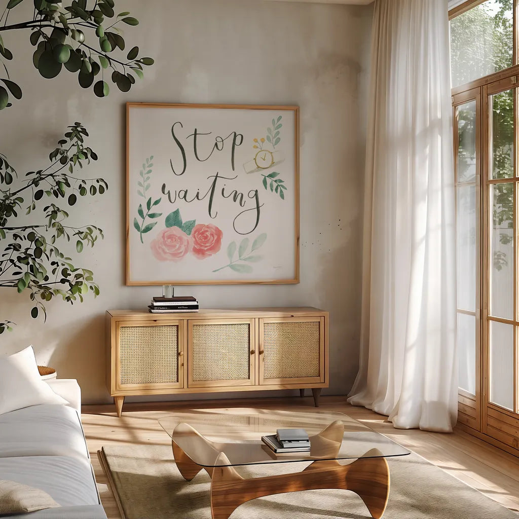 Chase Dreams II by Jenaya Jackson. Shown in a natural wood frame in a cozy modern living room. Available as an archival giclee rolled canvas, fine art paper, or poster print. SKU 56187a.