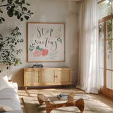 Chase Dreams II by Jenaya Jackson. Shown in a natural wood frame in a cozy modern living room. Available as an archival giclee rolled canvas, fine art paper, or poster print. SKU 56187a.