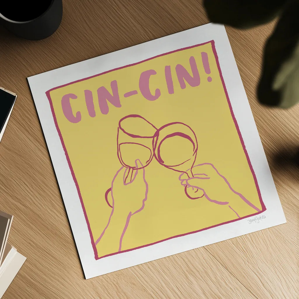 Cocktail Party IV Yellow by Jenaya Jackson. Shown as a detailed flat fine art print, highlighting archival giclee quality. Available as an archival giclee rolled canvas, fine art paper, or poster print. SKU 95224a.