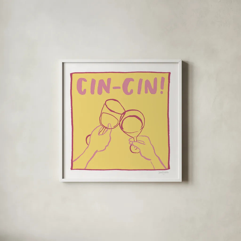 Cocktail Party IV Yellow by Jenaya Jackson. Shown in a crisp white glass frame for a clean and minimalist style. Available as an archival giclee rolled canvas, fine art paper, or poster print. SKU 95224a.