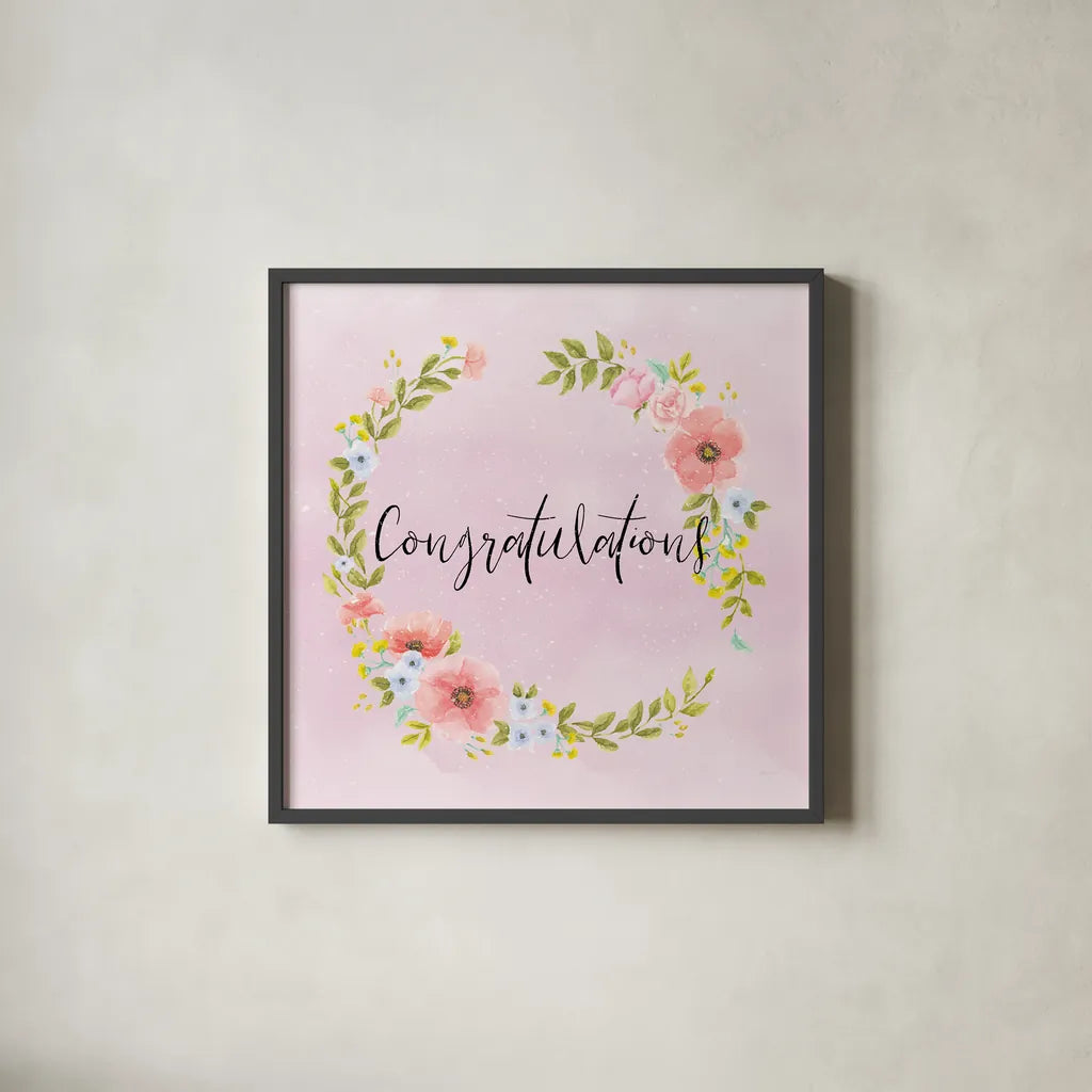 Cottage Nostalgia II Congratulations by Jenaya Jackson. Shown in a sleek black glass frame for a contemporary gallery look. Available as an archival giclee rolled canvas, fine art paper, or poster print. SKU 78020a.