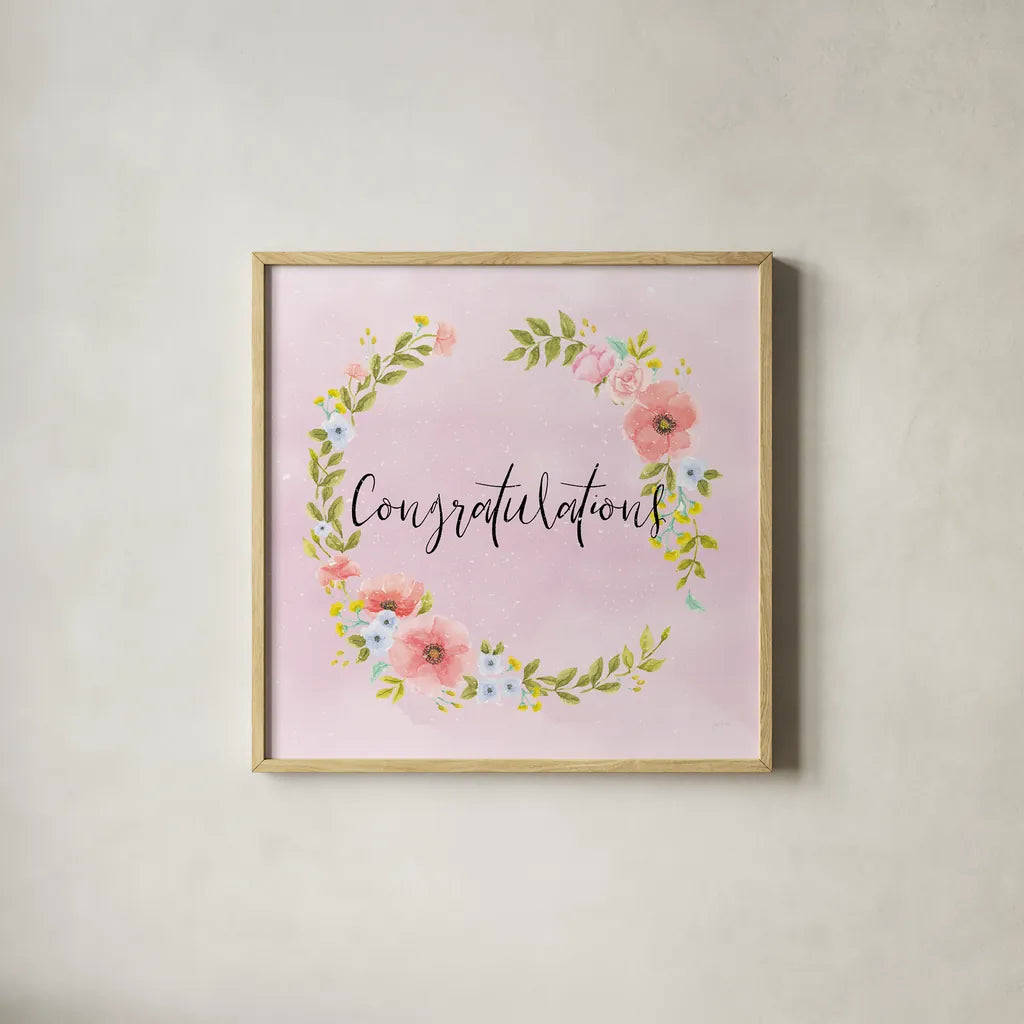 Cottage Nostalgia II Congratulations by Jenaya Jackson. Shown in a natural wood glass frame for a timeless modern aesthetic. Available as an archival giclee rolled canvas, fine art paper, or poster print. SKU 78020a.