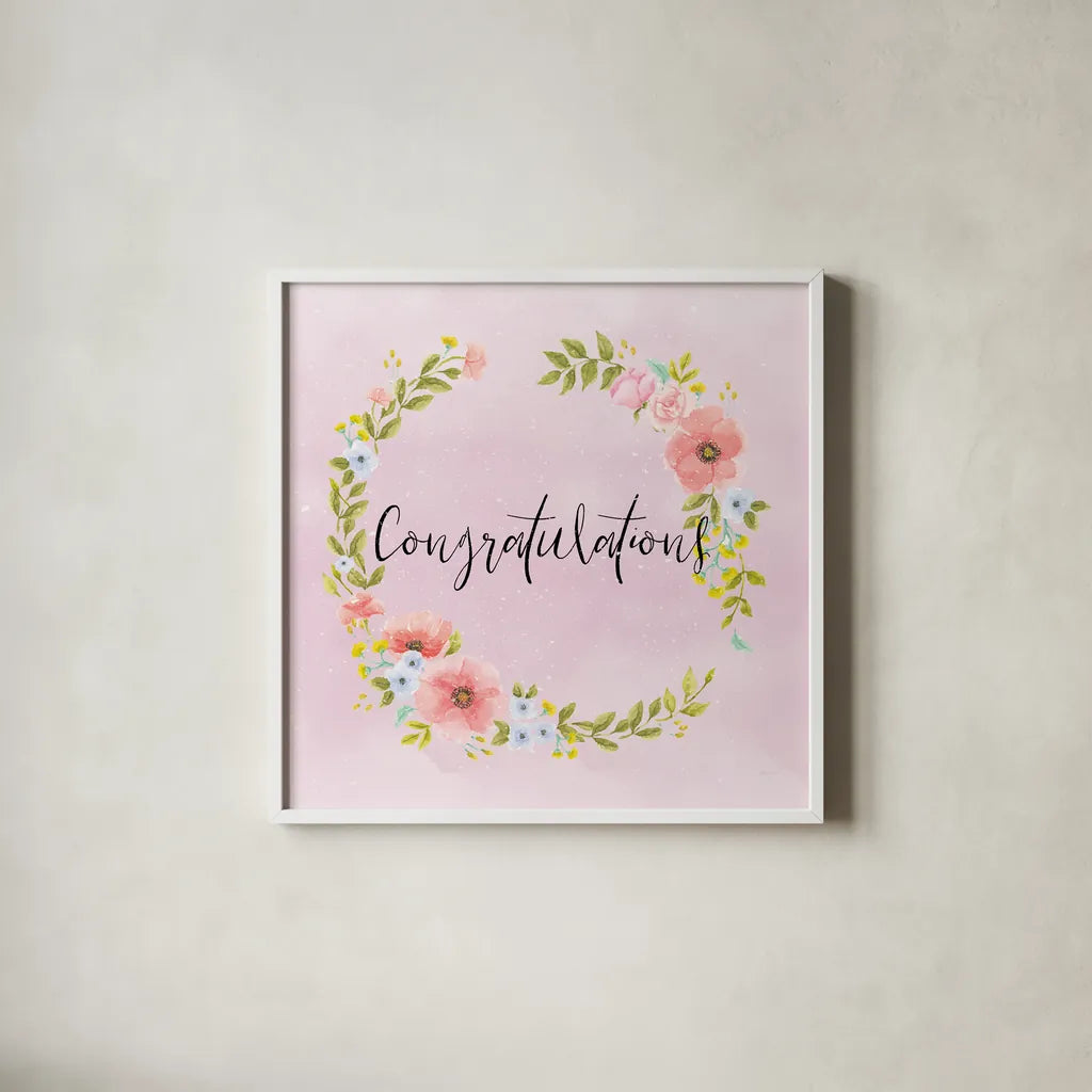 Cottage Nostalgia II Congratulations by Jenaya Jackson. Shown in a crisp white glass frame for a clean and minimalist style. Available as an archival giclee rolled canvas, fine art paper, or poster print. SKU 78020a.