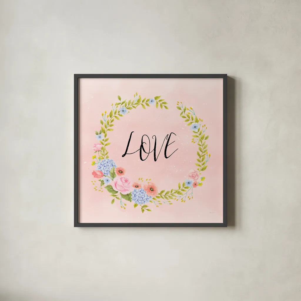 Cottage Nostalgia III Love by Jenaya Jackson. Shown in a sleek black glass frame for a contemporary gallery look. Available as an archival giclee rolled canvas, fine art paper, or poster print. SKU 78021a.