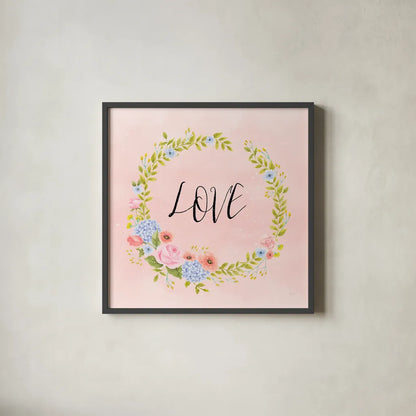 Cottage Nostalgia III Love by Jenaya Jackson. Shown in a sleek black glass frame for a contemporary gallery look. Available as an archival giclee rolled canvas, fine art paper, or poster print. SKU 78021a.