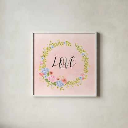 Cottage Nostalgia III Love by Jenaya Jackson. Shown in a crisp white glass frame for a clean and minimalist style. Available as an archival giclee rolled canvas, fine art paper, or poster print. SKU 78021a.
