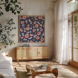 Cottage Nostalgia Pattern Master by Jenaya Jackson. Shown in a natural wood frame in a cozy modern living room. Available as an archival giclee rolled canvas, fine art paper, or poster print. SKU 71477a.