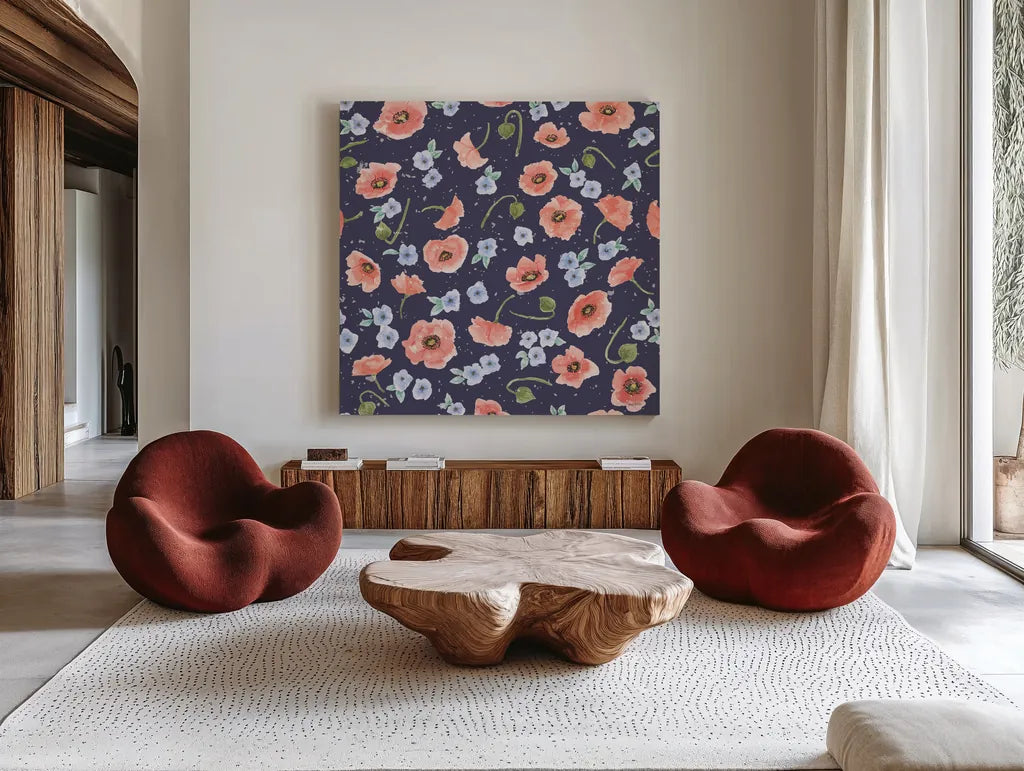 Cottage Nostalgia Pattern Master by Jenaya Jackson. Shown as extra-large giant wall art in a modern living room. Available as an archival giclee rolled canvas, fine art paper, or poster print. SKU 71477a.