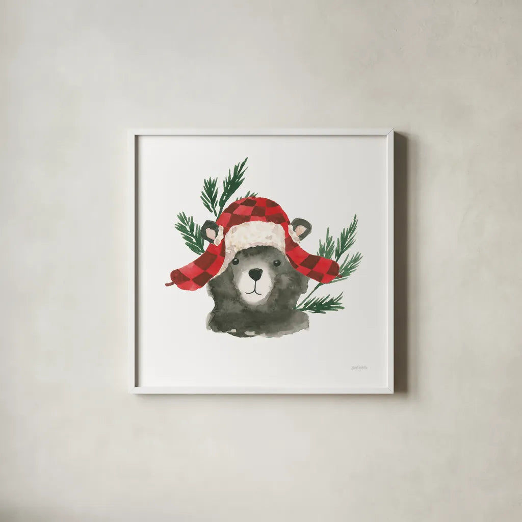 Critter Greetings V by Jenaya Jackson. Shown in a crisp white glass frame for a clean and minimalist style. Available as an archival giclee rolled canvas, fine art paper, or poster print. SKU 83577a.