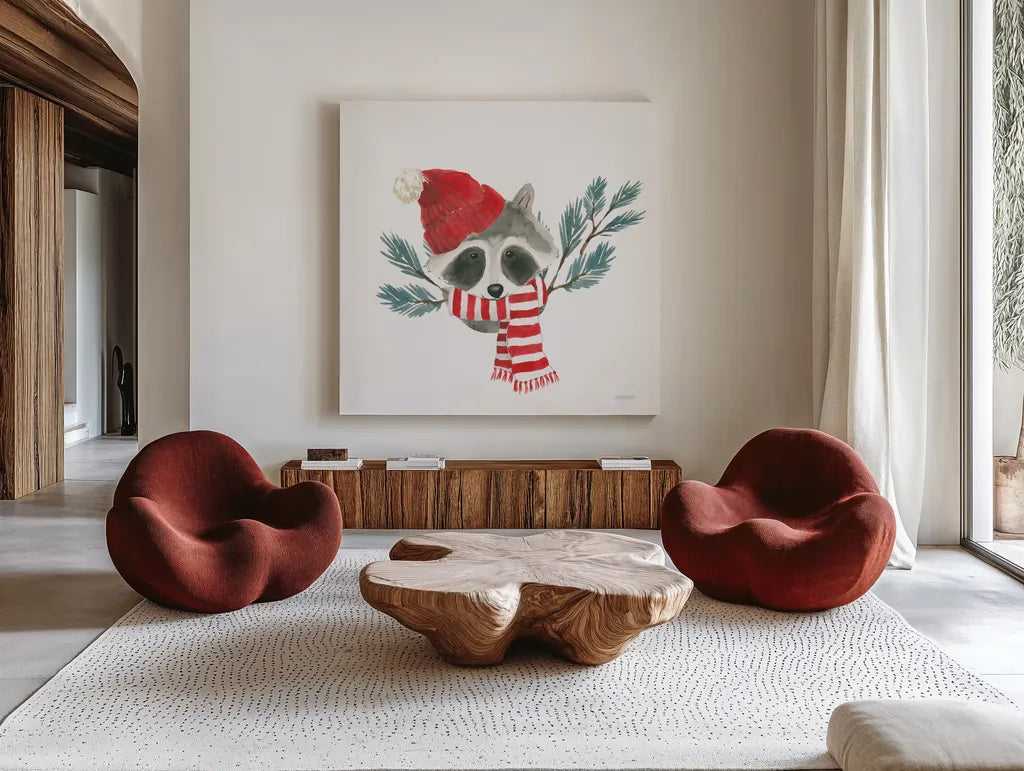 Critter Greetings VII by Jenaya Jackson. Shown as extra-large giant wall art in a modern living room. Available as an archival giclee rolled canvas, fine art paper, or poster print. SKU 83579a.
