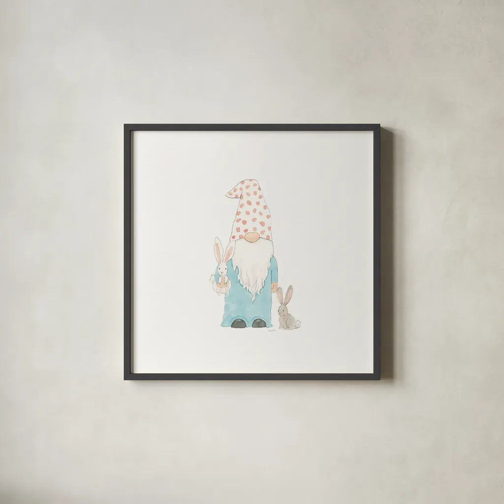 Easter Gnomes I by Jenaya Jackson. Shown in a sleek black glass frame for a contemporary gallery look. Available as an archival giclee rolled canvas, fine art paper, or poster print. SKU 73262a.