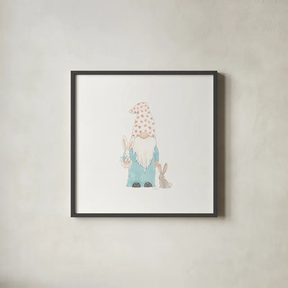 Easter Gnomes I by Jenaya Jackson. Shown in a sleek black glass frame for a contemporary gallery look. Available as an archival giclee rolled canvas, fine art paper, or poster print. SKU 73262a.