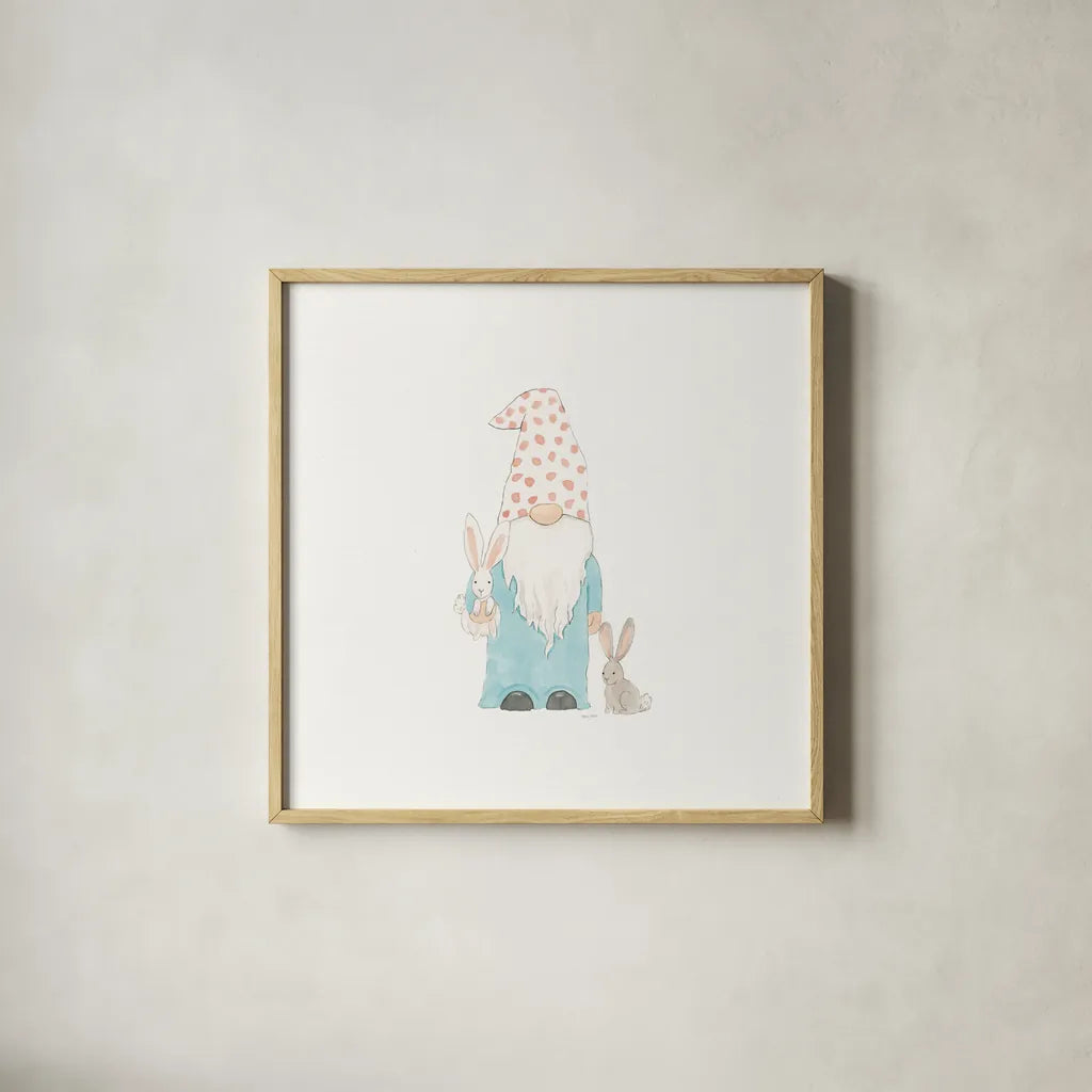 Easter Gnomes I by Jenaya Jackson. Shown in a natural wood glass frame for a timeless modern aesthetic. Available as an archival giclee rolled canvas, fine art paper, or poster print. SKU 73262a.