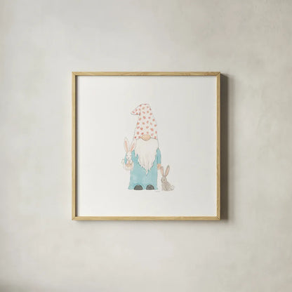 Easter Gnomes I by Jenaya Jackson. Shown in a natural wood glass frame for a timeless modern aesthetic. Available as an archival giclee rolled canvas, fine art paper, or poster print. SKU 73262a.