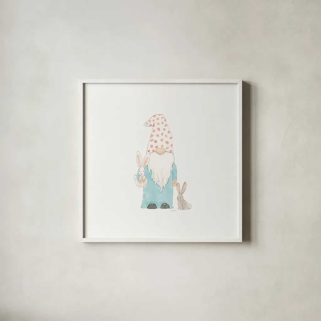 Easter Gnomes I by Jenaya Jackson. Shown in a crisp white glass frame for a clean and minimalist style. Available as an archival giclee rolled canvas, fine art paper, or poster print. SKU 73262a.