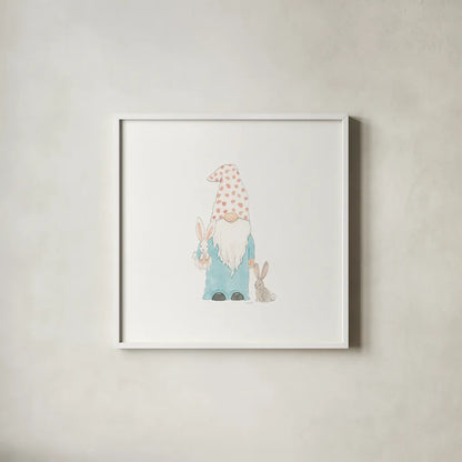 Easter Gnomes I by Jenaya Jackson. Shown in a crisp white glass frame for a clean and minimalist style. Available as an archival giclee rolled canvas, fine art paper, or poster print. SKU 73262a.