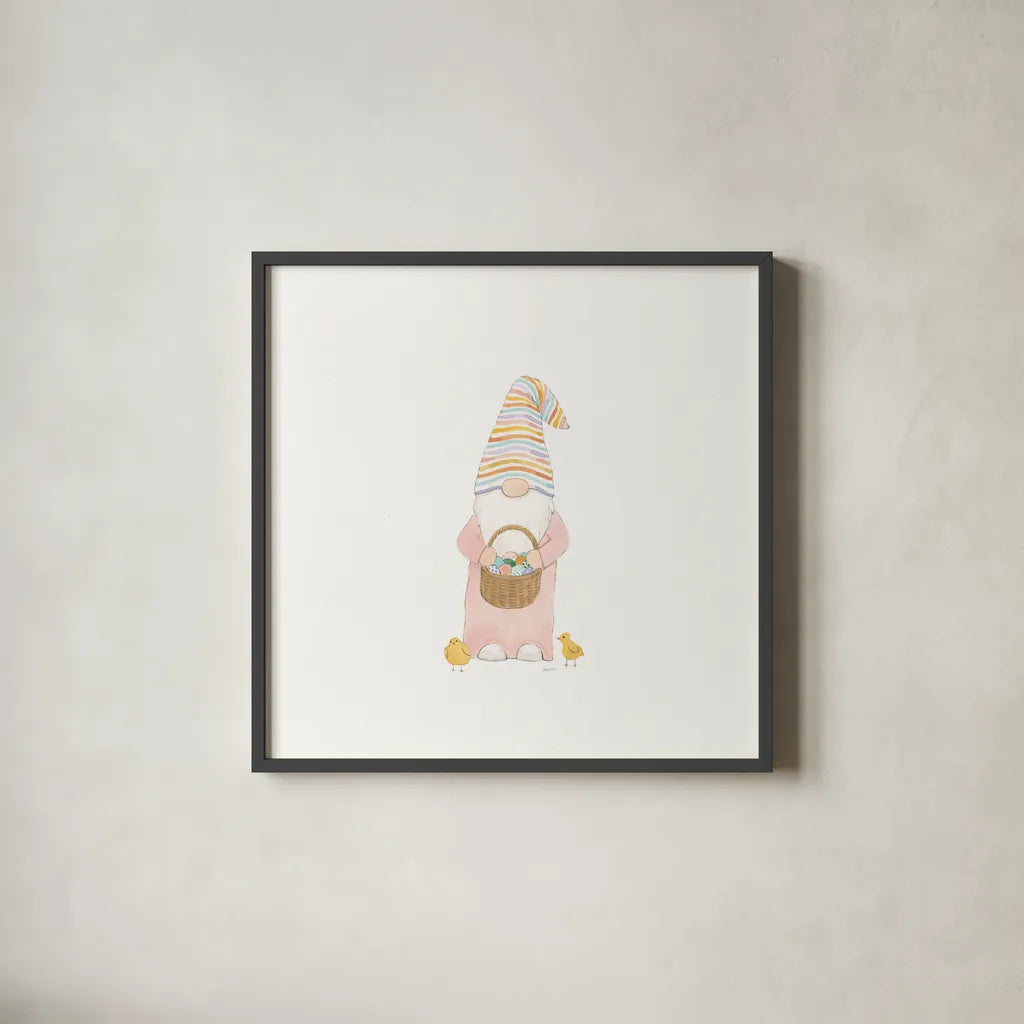 Easter Gnomes II by Jenaya Jackson. Shown in a sleek black glass frame for a contemporary gallery look. Available as an archival giclee rolled canvas, fine art paper, or poster print. SKU 73263a.