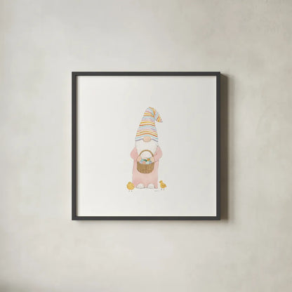 Easter Gnomes II by Jenaya Jackson. Shown in a sleek black glass frame for a contemporary gallery look. Available as an archival giclee rolled canvas, fine art paper, or poster print. SKU 73263a.