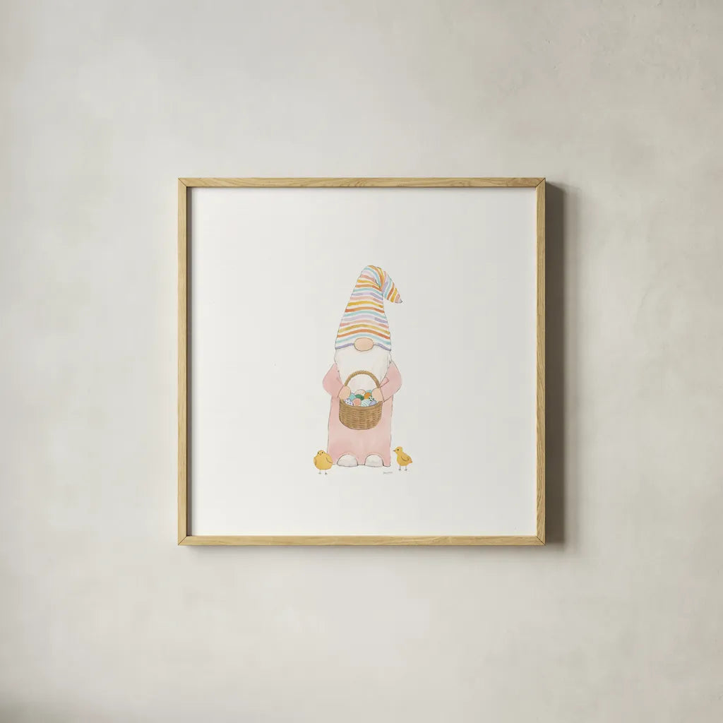 Easter Gnomes II by Jenaya Jackson. Shown in a natural wood glass frame for a timeless modern aesthetic. Available as an archival giclee rolled canvas, fine art paper, or poster print. SKU 73263a.