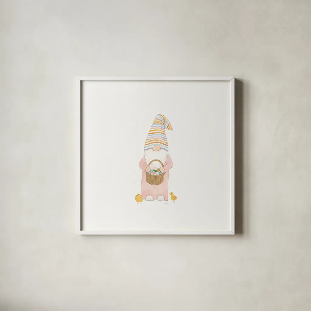 Easter Gnomes II by Jenaya Jackson. Shown in a crisp white glass frame for a clean and minimalist style. Available as an archival giclee rolled canvas, fine art paper, or poster print. SKU 73263a.