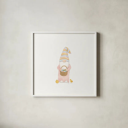 Easter Gnomes II by Jenaya Jackson. Shown in a crisp white glass frame for a clean and minimalist style. Available as an archival giclee rolled canvas, fine art paper, or poster print. SKU 73263a.
