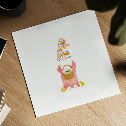 Easter Gnomes II Bright by Jenaya Jackson. Shown as a detailed flat fine art print, highlighting archival giclee quality. Available as an archival giclee rolled canvas, fine art paper, or poster print. SKU 75759a.