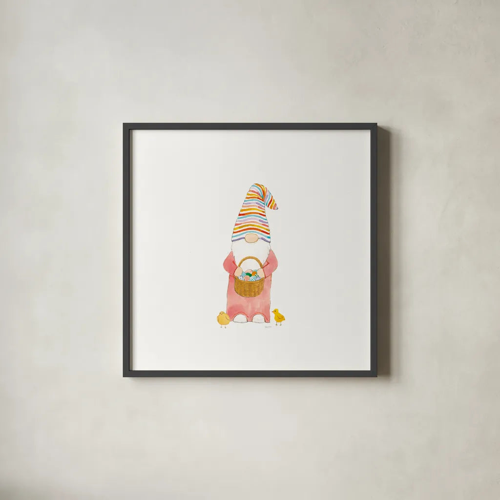 Easter Gnomes II Bright by Jenaya Jackson. Shown in a sleek black glass frame for a contemporary gallery look. Available as an archival giclee rolled canvas, fine art paper, or poster print. SKU 75759a.