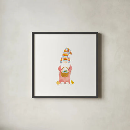 Easter Gnomes II Bright by Jenaya Jackson. Shown in a sleek black glass frame for a contemporary gallery look. Available as an archival giclee rolled canvas, fine art paper, or poster print. SKU 75759a.
