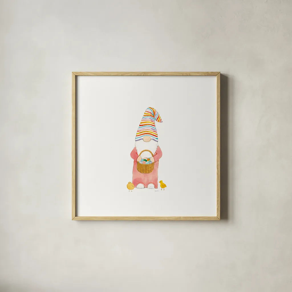 Easter Gnomes II Bright by Jenaya Jackson. Shown in a natural wood glass frame for a timeless modern aesthetic. Available as an archival giclee rolled canvas, fine art paper, or poster print. SKU 75759a.