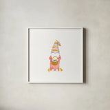 Easter Gnomes II Bright by Jenaya Jackson. Shown in a crisp white glass frame for a clean and minimalist style. Available as an archival giclee rolled canvas, fine art paper, or poster print. SKU 75759a.