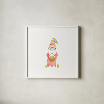 Easter Gnomes II Bright by Jenaya Jackson. Shown in a crisp white glass frame for a clean and minimalist style. Available as an archival giclee rolled canvas, fine art paper, or poster print. SKU 75759a.