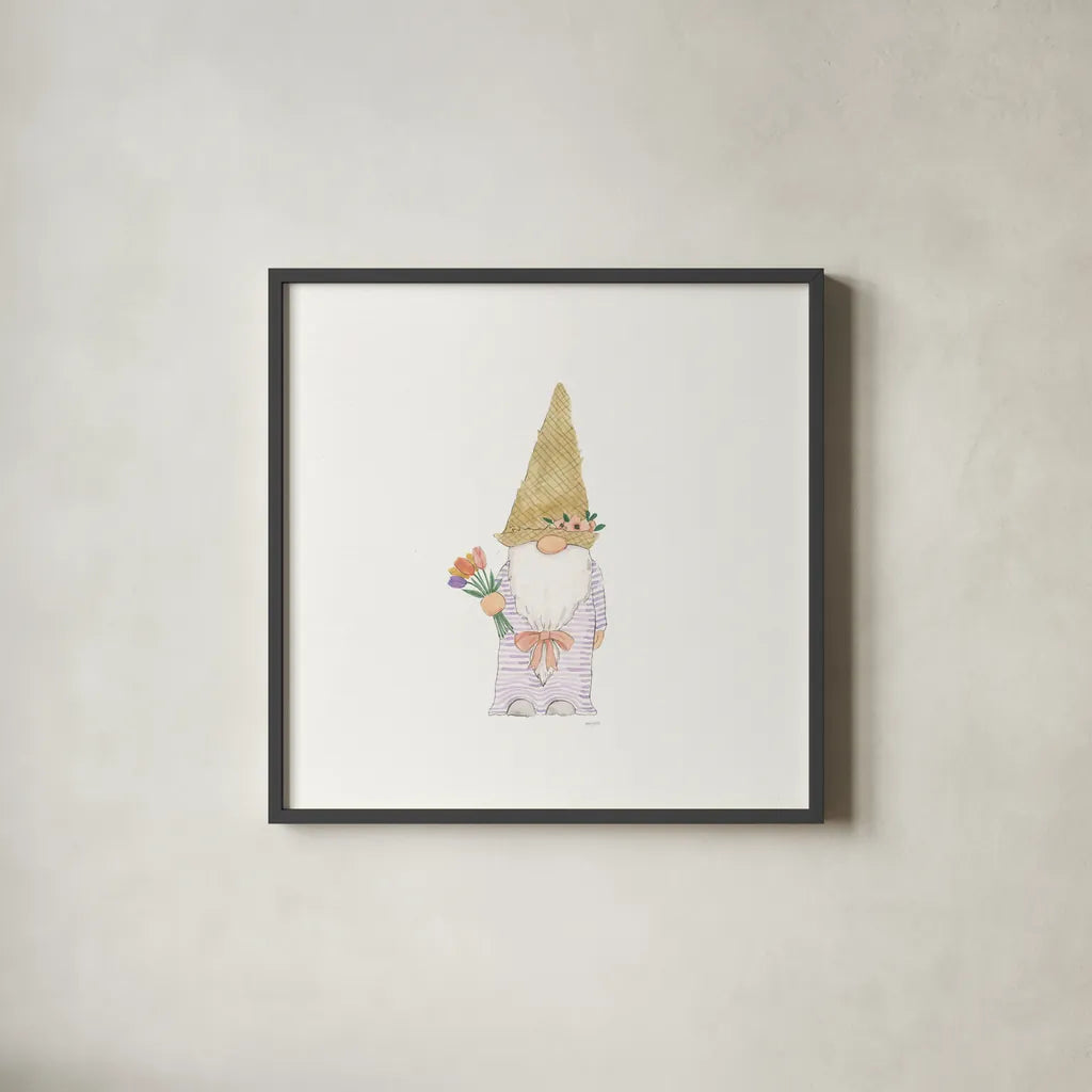 Easter Gnomes III by Jenaya Jackson. Shown in a sleek black glass frame for a contemporary gallery look. Available as an archival giclee rolled canvas, fine art paper, or poster print. SKU 73264a.
